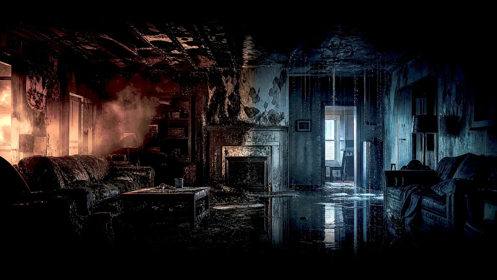Fire and water damaged living room interior — restoration coverage across the Delaware Valley